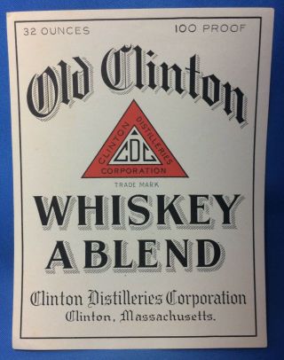 1930s Old Clinton Whiskey Clinton Massachusettes Bottle Label Vintage