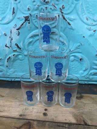 Six (6) Pabst Blue Ribbon Shorty Beer Glasses Antique Vintage Tavern