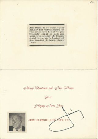 Jimmy Durante Vintage Signed Holiday Card