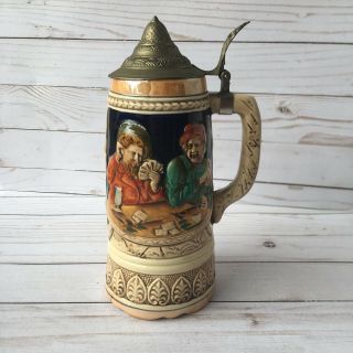 Beer Stein Musical Large Couple Playing Cards Lidded 10 " Tall Vintage