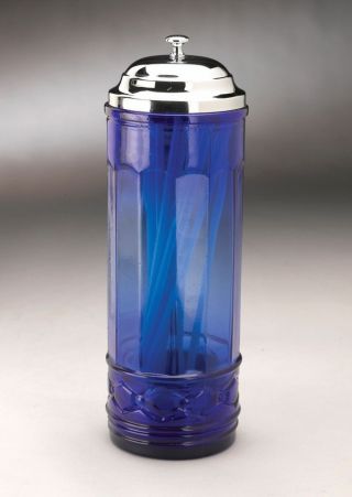 Blue Colored Glass Straw Holder Dispenser W/ Chrome Lid Restaurant Straws