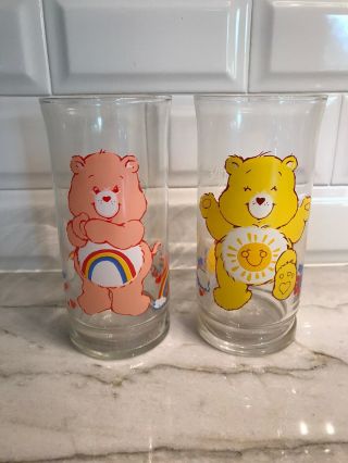 Pizza Hut Care Bears Glasses/tumblers Cheer Bear & Funshine 1983 Set Of 2 Rare