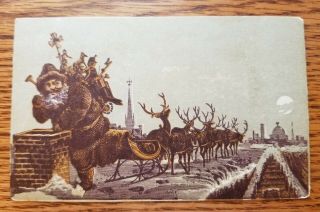 Thomas Nast St.  Nicholas,  On Roof,  Reindeer.  Little Giant Cough Cure.  Trade Card