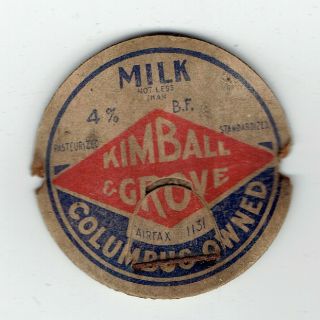 Ohio Oh O Milk Bottle Cap Kimball & Grove Dairy Columbus O Oh Ohio