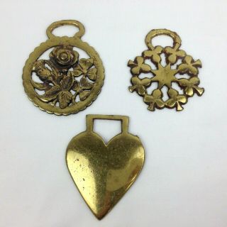 3 Vintage Brass Horse Bridle Saddle Harness Ornament Medallion Heart Rose Clover