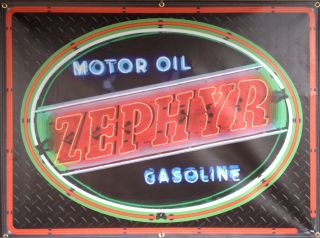 Zephyr Motor Oil Gasoline Gas Station Neon Style Printed Banner Sign Art 4 