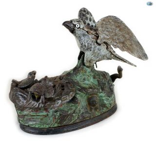 Fine 1888 Antique J & E Stevens Cast Iron “eagle & Eaglets” Mechanical Coin Bank