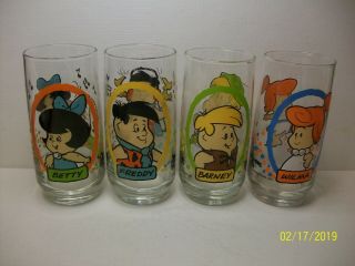 Vintage Complete Set Of 4 Pizza Hut 1986 " The Flintstone Kids " Glasses