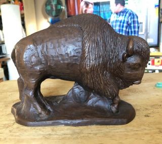 Hand Carved Wood Wooden Ironwood Style Buffalo Carving Figurine Figure 9” 3lbs