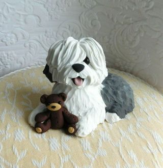 Old English Sheepdog With Teddy Bear Clay Sculpture By Raquel At Thewrc