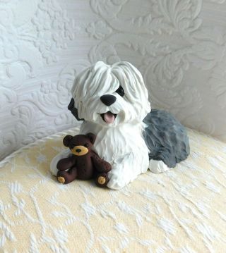 Old English Sheepdog with Teddy Bear Clay Sculpture by Raquel at theWRC 6
