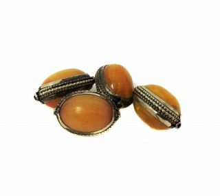 4 Tibetan Beads Amber Color Silver Repoussee Loose Was $15.  00