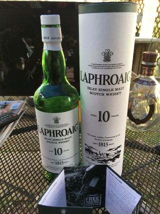 Laphroaig 10 Year Old Islay Peated Single Malt Scotch Whisky Bottle & Canister