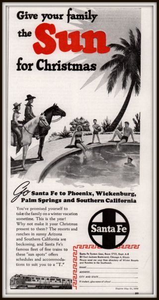 1949 Santa Fe Railroad Palm Springs Horseback Western By The Pool Print Ad