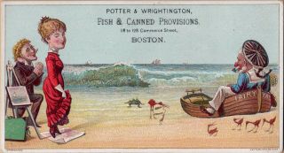 Victorian Trade Card - Salt Water Fish - Potter & Wrightington - Boston Ma - Beach Scene
