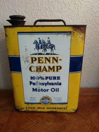 Rare Antique Penn Champ 2500 Mile 2 Gallon Metal Pennsylvania Motor Oil Can