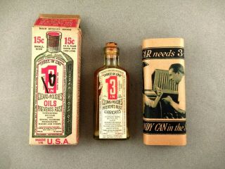 Vintage Three In One Oil Bottle - - 1 0z - - Cork Cap - - Nos - - Box & Instructions
