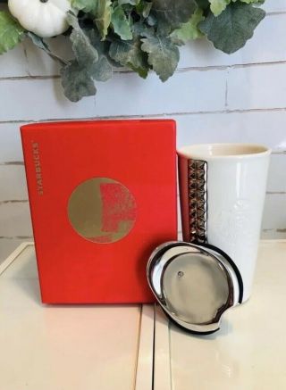 Starbucks White Ceramic Travel Mug Cup Studded Silver.  Nib.  With Ceramic Lid