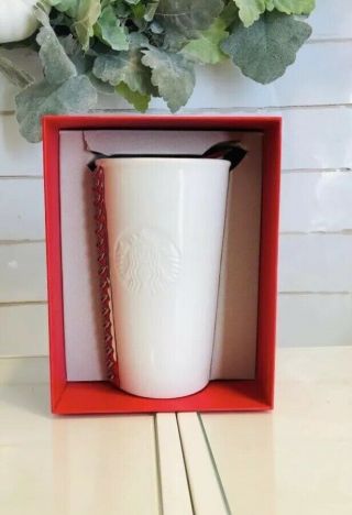 Starbucks White Ceramic Travel Mug Cup Studded Silver.  NIB.  With Ceramic Lid 4