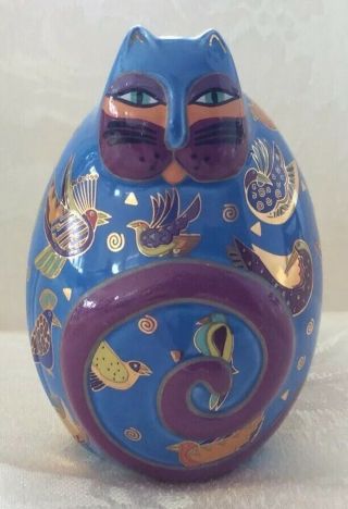 Laurel Burch Ceramic Egg Cat Figurine,  Hand Painted,  Fluttering Feline,  Signed