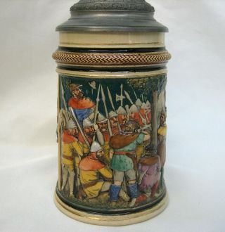 Antique German Beer Stein With Soldiers 243