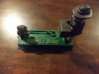 Vintage Metal Cast Iron Monkey Bank Organ Grinder Green Coin Drop