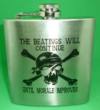 Jolly Roger Pirate Skull The Beatings Will Continue 8 Oz Stainless Steel Flask