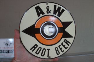 A&W ROOT BEER PORCELAIN METAL SIGN DRIVE IN DINER CAR HOP GAS OIL 50S BARGS DADS 2