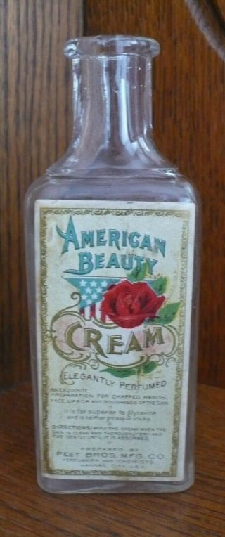 Antique Bottle - American Beauty Cream - Peet Bros - Pristine Label Intact - Unique