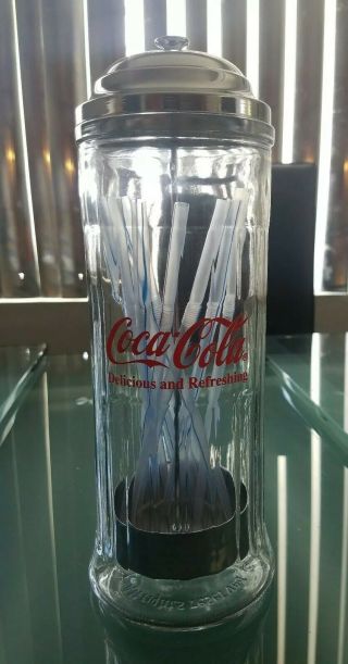 Coca - Cola Glass Straw Dispenser With Metal Lid