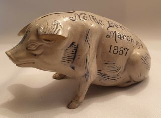 Victorian 1887 Pottery Seated Pig Money Box Christening Gift? - Nellie Bettison