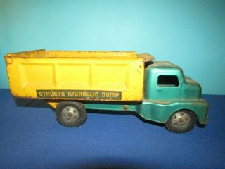 Structo Hydraulic Dump Truck,  1950s,  Green and Yellow Pressed Metal 7