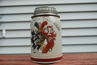 Rare German Stein Flat Top.  Stoneware Vintage Stein Beer Mug Hand Painted