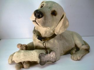 Yellow Laying Labrador Puppy Dog Resin Sculpture Signed Brue