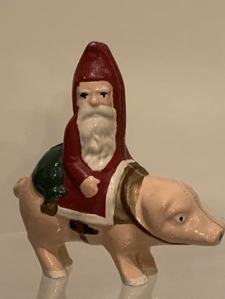 Vintage Old World Santa Riding Pig Cast Iron Bank Folk Art Rare Christmas Piece