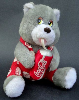 Coca Cola Teddy Bear 9in Plush Coke Promo Grey White Logo Can Overalls Sip Straw