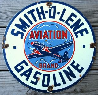 Smith - O - Lene Gasoline Vintage Porcelain Enamel Gas Pump Oil Aviation Fuel Sign