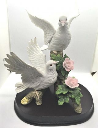 Westminster White Dove Love Birds Porcelain Bisque Figurine On Wood Base