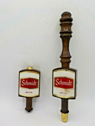 2 Vintage Schmidt Beer Wood Tap Handles Short Knob & Tall Bar Tavern