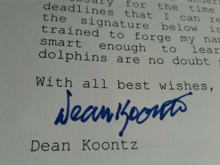 DEAN KOONTZ Authentic Hand Signed Autograph LETTER - 1 BEST AUTHOR 2