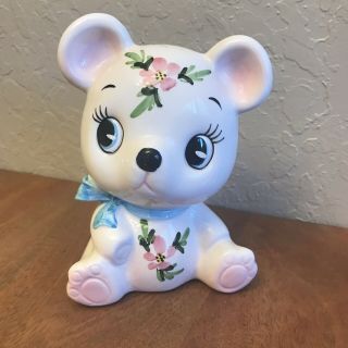 Vintage Anthropomorphic Bear Piggy Bank Ceramic Flower Pink Blue Big Eyes Japan