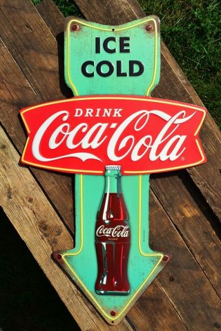 Drink Coca - Cola Embossed Arrow Tin Metal Sign - Ice Cold Coke Bottle - Fishtail