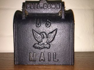 Vintage Miniature Black Cast Iron Mailbox Us Mail Still Coin Bank Pull Down Slot