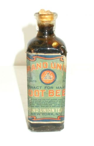 Antique Grand Union Extract For Making Root Beer Cork Top Bottle Paper Label