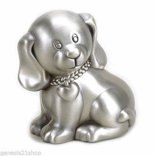 Baby Puppy Dog Piggy Bank - Pewter Finish Money Coin Box - Gift Boxed