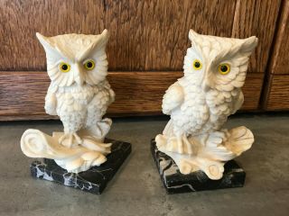 2 Marble Owl Bookends Sculptor A Santini Italy Classic Figures Alabaster Vtg Set