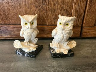 2 Marble Owl Bookends Sculptor A Santini Italy Classic Figures Alabaster Vtg Set 2