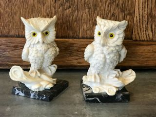 2 Marble Owl Bookends Sculptor A Santini Italy Classic Figures Alabaster Vtg Set 3