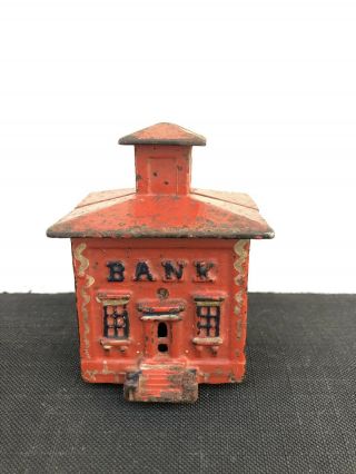Small Antique Red Painted Cast Iron Bank W/cupola