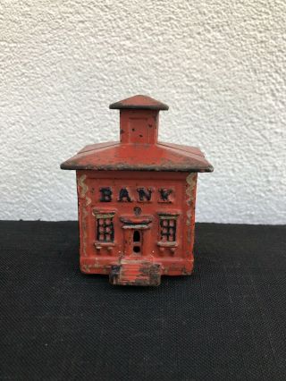 Small Antique Red Painted Cast Iron Bank w/Cupola 2